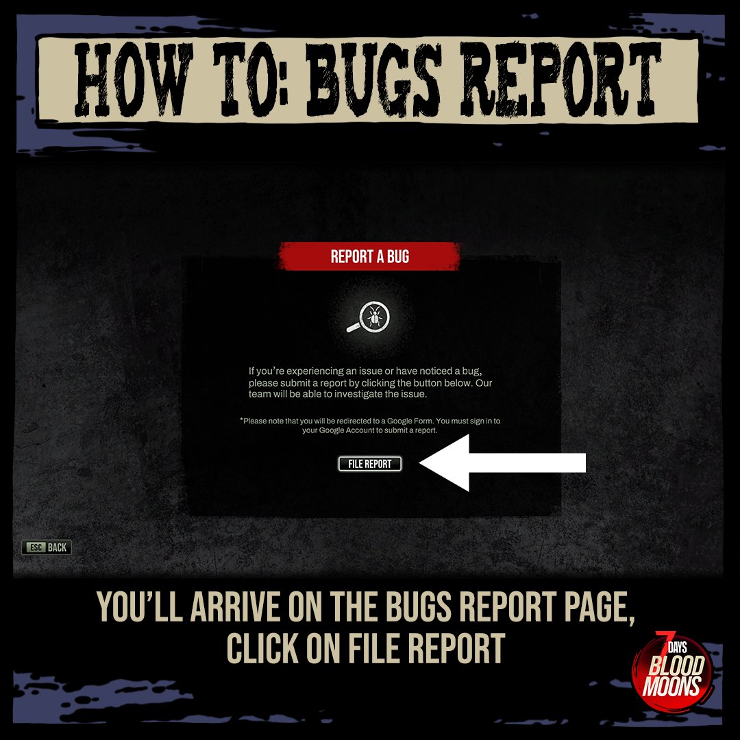7DaysBloodmoons's tweet image. Found a bug in 7 Days Blood Moons? 🧟‍♂️

You can report it in-game from the EXTRA menu or drop it in our #bug-reports channel on Discord.

Your feedback helps us make each update better! 💪