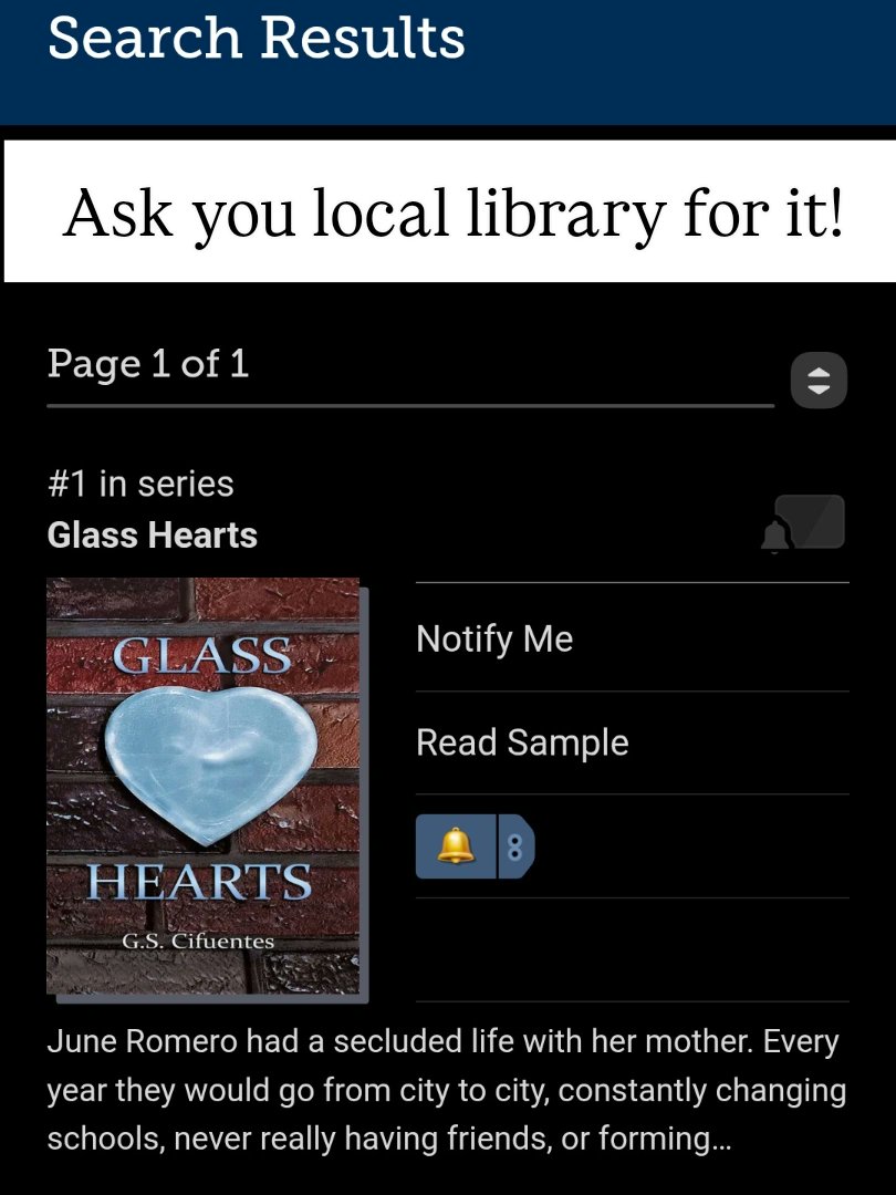 Hi friends! reminder  that it would be a huge help if you could ask for my book at your local library or libby app! 
it would help support me to continue writing! 

#Writers #booktok #booktwitter #author #scifi #action #adventure #novels #GlassHeartsSeries