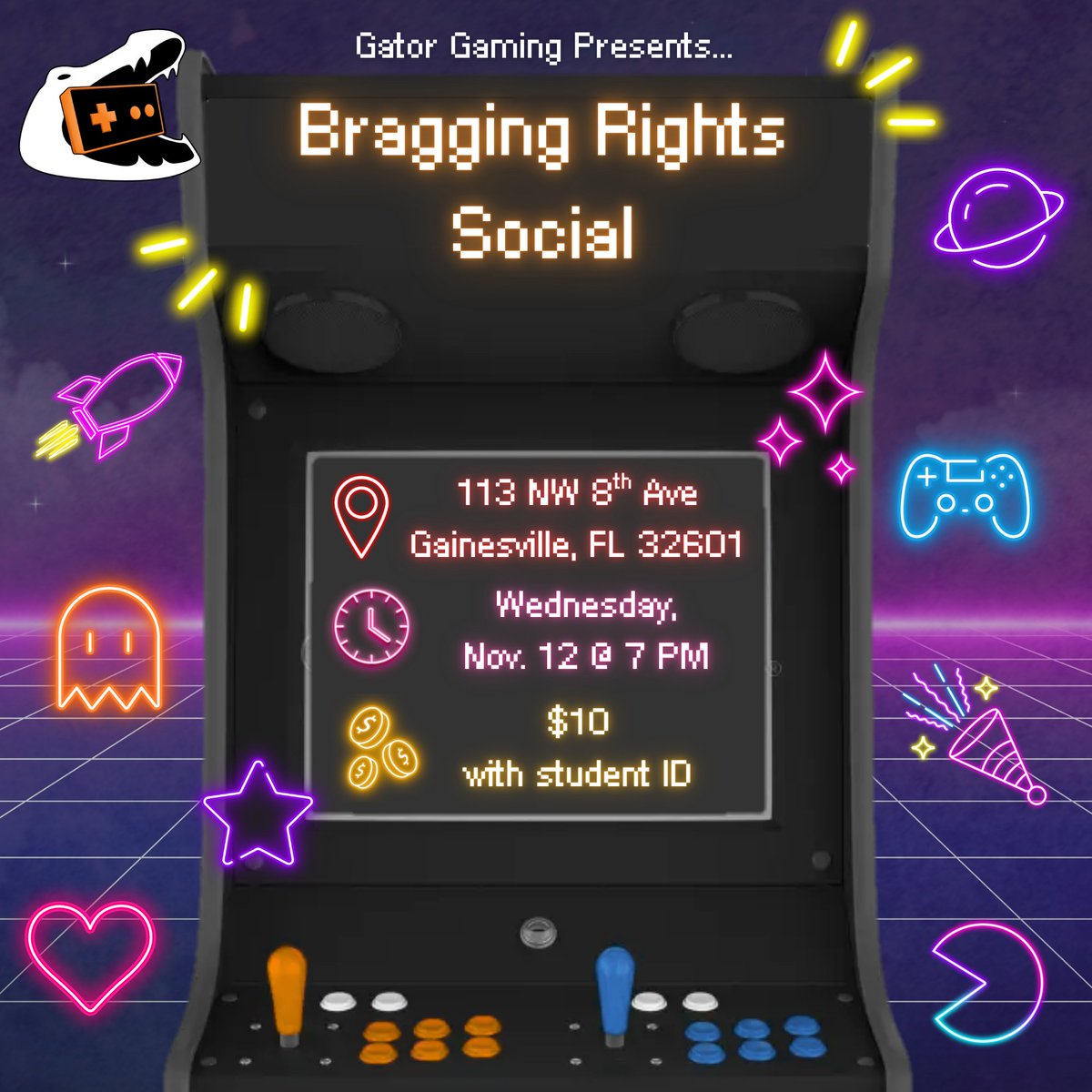 Will you get bragging rights at our November social?

We're going to the arcade at Bragging Rights Amusements on Wednesday, November 12 at 7 PM!

Play video games and hang out with us - for a low price of ✨️ $10 with your student ID! ✨️

Hope to see you there! 🎮🐊