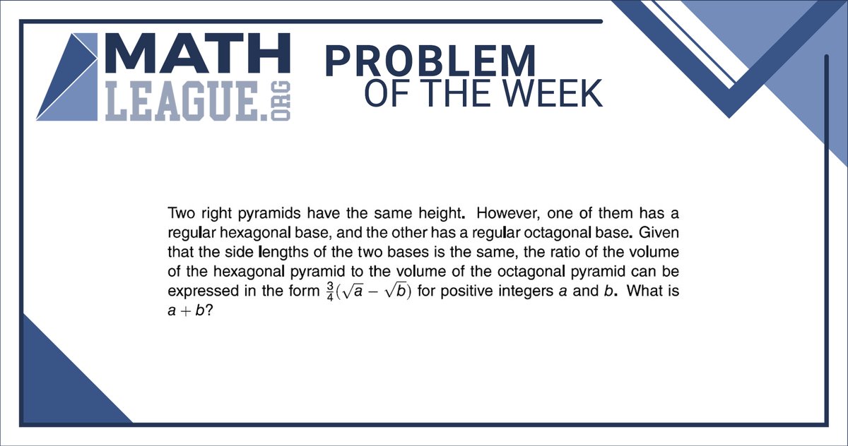 mathleague's tweet image. Here is our #middleschool #mathproblemoftheweek for November 8. Please give the problem a try: submit your answer at bit.ly/mathleaguepotw, and you could win a #prize!

Check back in a few days to see a video explanation of this problem. #mathcompetition #math #mathleague