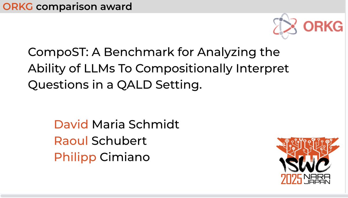 iswc_conf's tweet image. 🏆 The ISWC 2025 Best #ORKG Comparison Award goes to:
📘 “CompoST: A Benchmark for Analyzing the Ability of LLMs To Compositionally Interpret Questions in a QALD Setting” by David Maria Schmidt, Raoul Schubert, and Philipp Cimiano
👏 Congratulations to the authors!