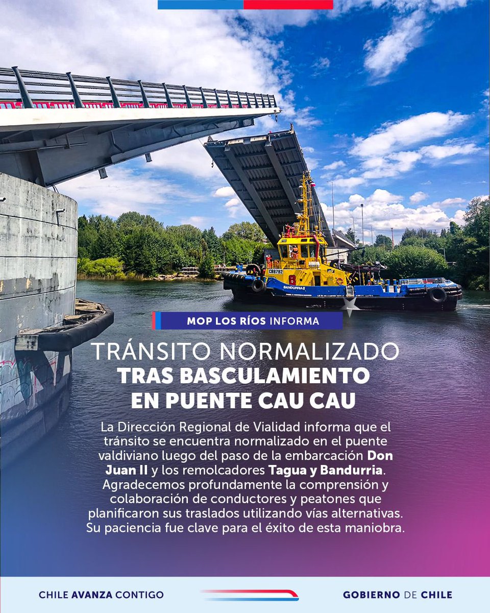 MOPdeLosRios's tweet photo. 👷🏾♂️🌉🚢 En tiempo de 1 hora y 15 minutos la Dirección de #VialidadMOP de @MOPdeLosRios realizó hoy nueva apertura puente #CauCau de #Valdiviacl para paso remolcadores Bandurria y Tagua que ingresaron a empresa Asenav y nave Don Juan II que salió de los astilleros #MOPInforma 🚗🚌 https://t.co/37bd9VsyiB