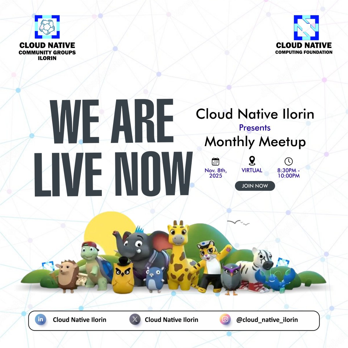 Olasile239's tweet image. We are live for the Cloud Native Ilorin Monthly Meetup!

The session is officially open. Join the virtual room and be part of today’s conversations around cloud-native technologies, community learning, and collaboration.

Date: Nov 8th, 2025
Time: 8:30PM – 10:00PM
Venue: Virtual…