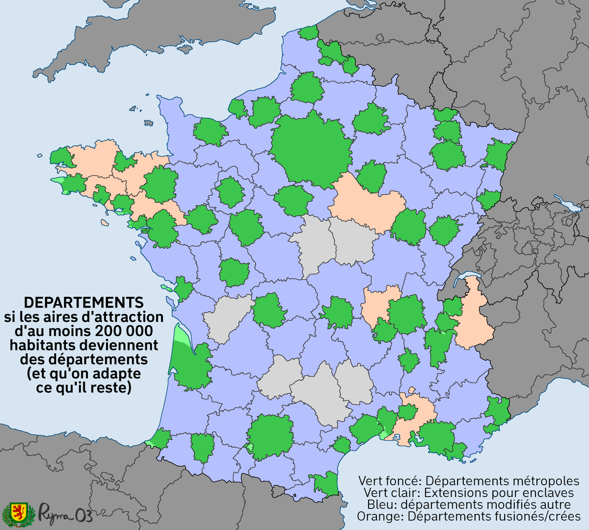 TheRyma03's tweet image. En ce #30DayMapChallenge urbain, voici ce qui se passerait si on transformait les aires urbaines de plus de 200 000 habitants en départements.