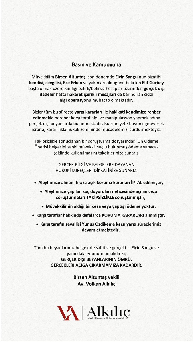 VAlkilic's tweet photo. Müvekkil Birsen Altuntaş ile Elçin Sangu arasındaki yargı sürecinin gerçek dışı beyanlarla çarpıtılmasından ötürü zorunlu bilgilendirmemizi, belgeleri ile birlikte dikkatinize sunarız. 

Birsen Altuntaş vekili 
Av. Volkan Alkılıç 

@birsenaltuntas1 https://t.co/XVtlwh7Cph