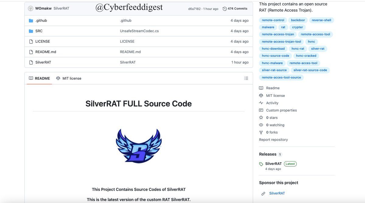 cyberfeeddigest's tweet image. 🚨 #SilverRAT Source Leak — Repo Alert 🚨

A GitHub repo claims to contain SilverRAT FULL source &amp;amp; compilation instructions (hidden RDP/VNC, #stealers, crypto monitor, ..). Handle with extreme caution — for #malware analysts only. github[.]com/WOmakw/SilverRAT-FULL-Source-Code
