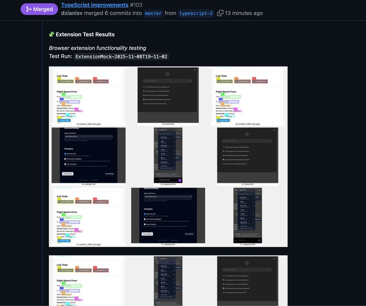 vibebrowserapp's tweet image. How do we move fast at #VibeBrowser?

1/ Ask #opencode and #Github co-pilot with only #Claude models.
2/ Full cycle extension automated testing - to get coding AI feedback.
3/ CI tasks runs the tests, takes screenshots - gpt-5 vision to validates screenshots.