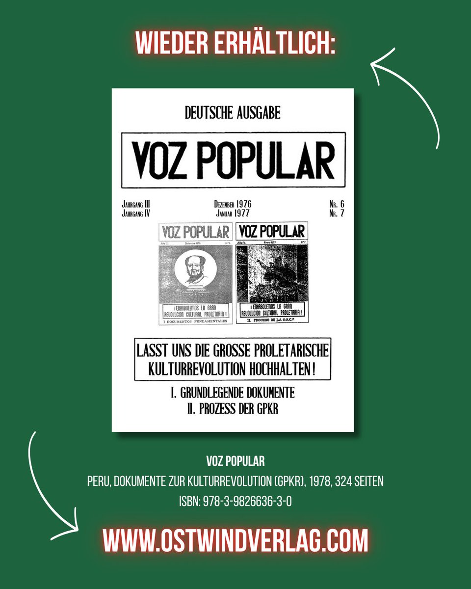 Jetzt wieder im Shop erhältlich: Deutsche Ausgabe von 'Voz Popular Nr. 6 und 7' 
Diese beiden 1975 und 1976 erschienenen Zeitschriften enthalten viele  grundlegende Dokumente der Kulturrevolution.
ostwindverlag.com 📚🚩

#buch #ostwindverlag #china #kulturrevolution #mao