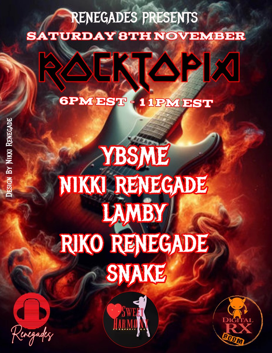 Tonight, November 8th at 6pm ET The Renegades host...
Rocktopia! Featuring rock and hard rock tunes from:
YBSME
Nikki Renegade
Lamby
Riko Renegade
and Snake!