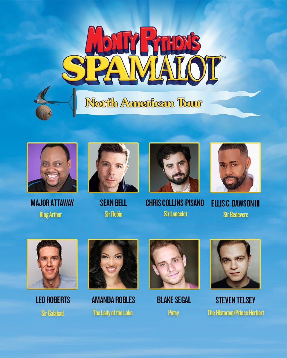 ATTPAC's tweet image. 🥥 Cue the coconuts! 💙 

Meet the cast that says Ni! @SpamalotBway is riding into Dallas next summer! 🏆🐴👑🎶

🗓️ July 9–12, 2026
📍 Winspear Opera House
🎟️ Tickets at bit.ly/4hEKTZe