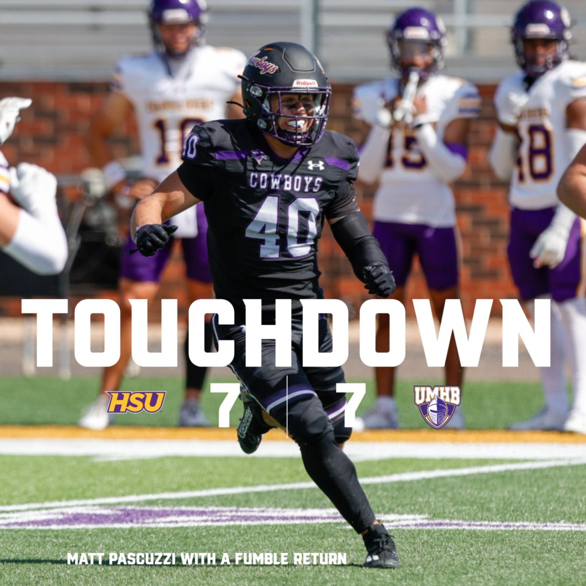 Matt Pascuzzi with a fumble return for a touchdown to tie the game with UMHB at 7.