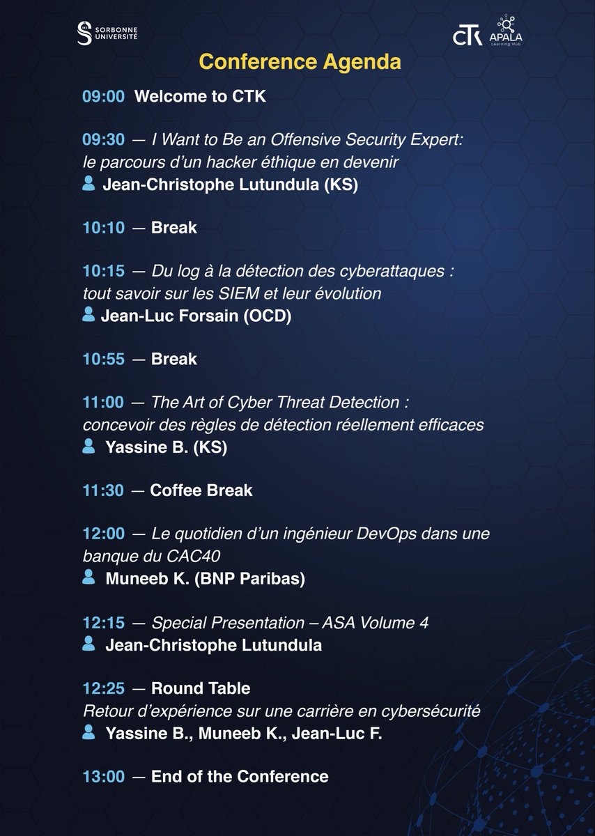 ApalaJeanchris's tweet photo. Je suis très heureux de vous annoncer que j’organise une conférence sur la cybersécurité en collaboration avec Sorbonne Université.
Si vous êtes à Paris le 14 novembre, inscrivez-vous . 

https://t.co/ZIsdt6XBMS https://t.co/iNQffBhqAz