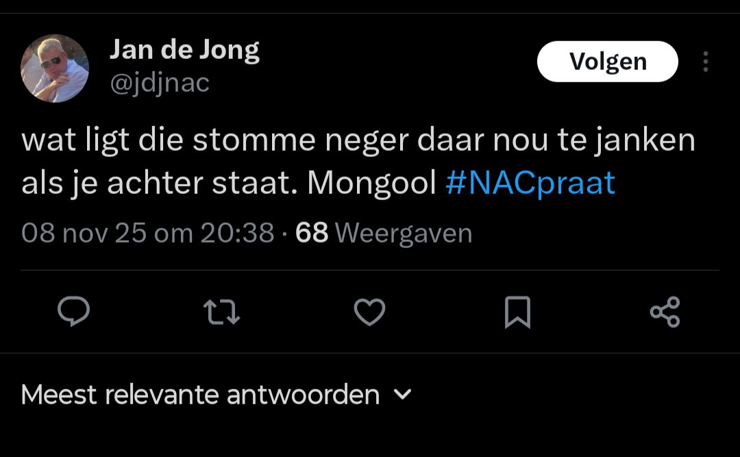 076BS's tweet photo. Dit verlies is waardeloos. 
Maar de idioot hieronder is de grootste verliezer van de avond. @NACnl  jullie zijn terecht fel op online haat richting onze spelers. Tijd voor een goed gesprek met Jan.
#NACpraat https://t.co/jDwZ1qaxMx