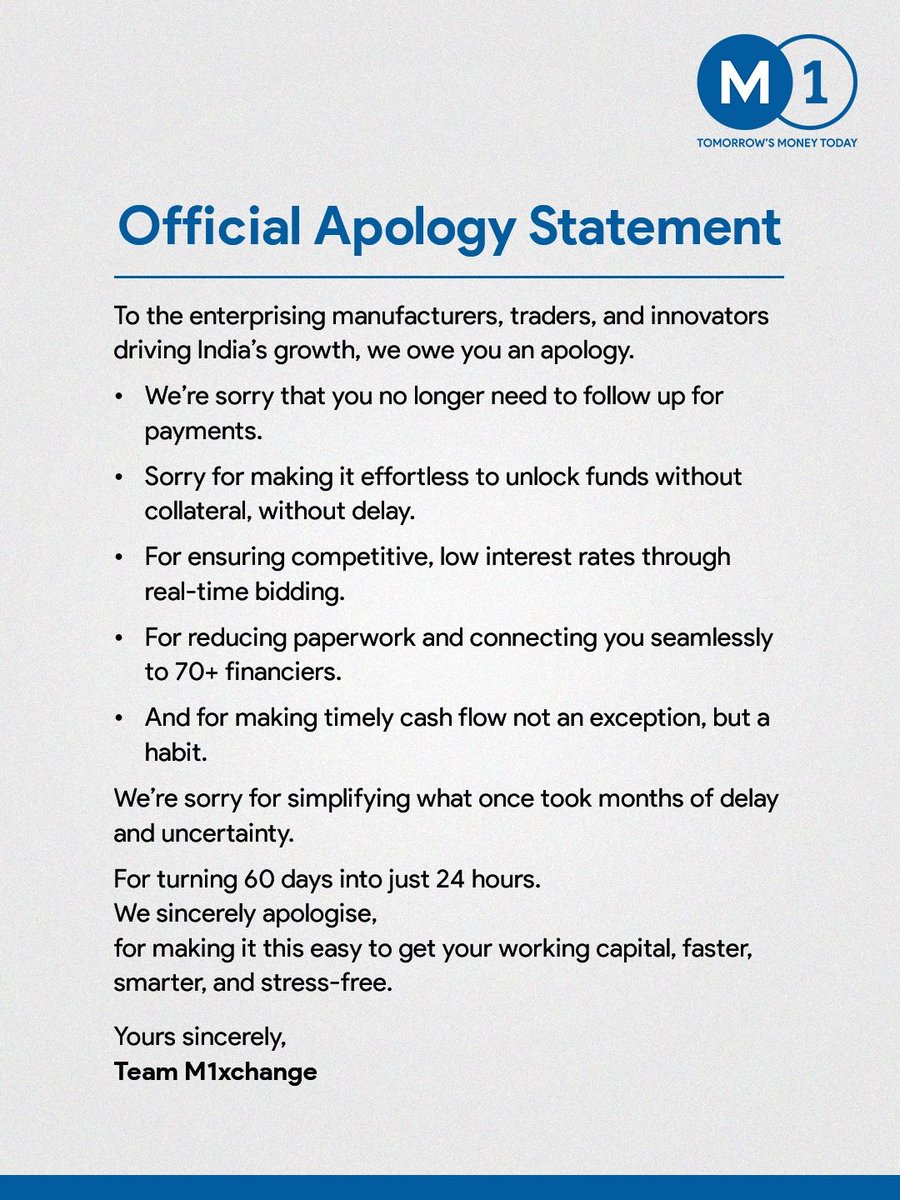M1xchange's tweet image. We did what we weren’t supposed to - Made working capital effortless for MSMEs.
We owe India’s #MSMEs an apology.
For simplifying finance, ensuring timely payments, and helping businesses rise stronger every day. And we will continue to do so, unapologetically!
#M1xchange