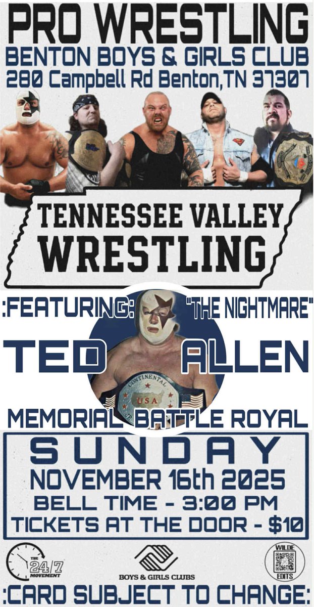 TheCaseyKage's tweet photo. 📅 Sunday, November 16th
📍 Boys &amp; Girls Club – 280 Campbell Rd. Benton, Tennessee 37307
⏰ Bell Time: 3:00 p.m. | Doors Open: 2:30 p.m.

🎫 Tickets: $10.00 at the door
👶 Ages 5 &amp; under – FREE!
💙 Wear your blue Tennessee Valley Wrestling bracelet and get in for ONLY $5.00! https://t.co/EErMzXIPKb