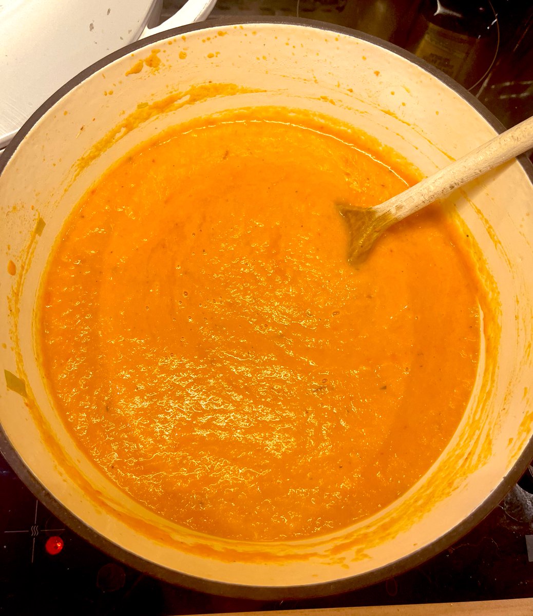 Presenting my ‘Everything in the fridge that’s about to go off’ leftover veg soup/sauce, 

Sweet potato, tomato, carrot, red pepper, red onion and thyme roasted off, 

Leeks, celery and garlic sweated in butter and then deglazed with the dredges of last nights bottle of white