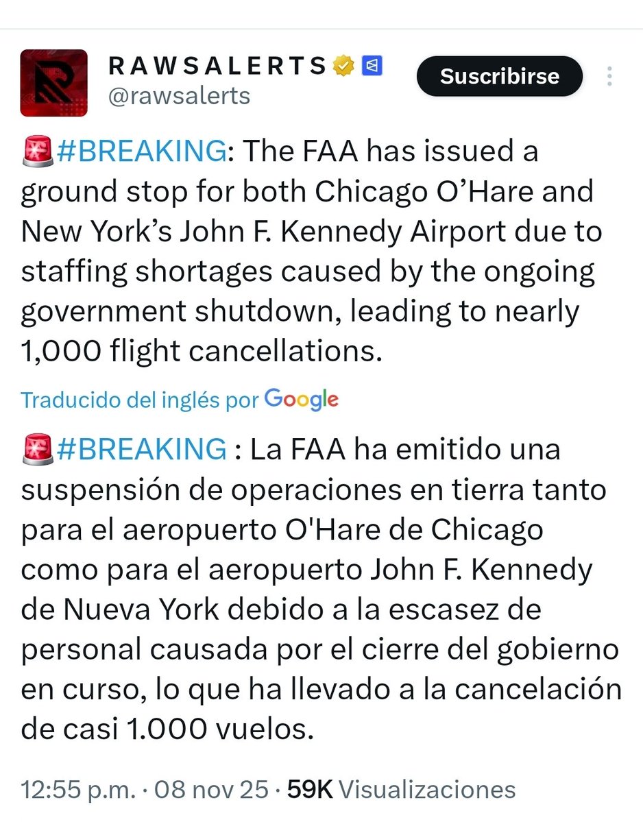 #ULTIMAHORA 
🚨 SE DERRUMBA EL SISTEMA AEROPORTUARIO DE ESTADOS UNIDOS 

La FAA, Administración Federal de Aviación, ordenó el cierre de los aeropuertos de Nueva York y de Chicago por la falta de personal a los que no les han pagado en más de 1 mes y lo que causó la cancelación