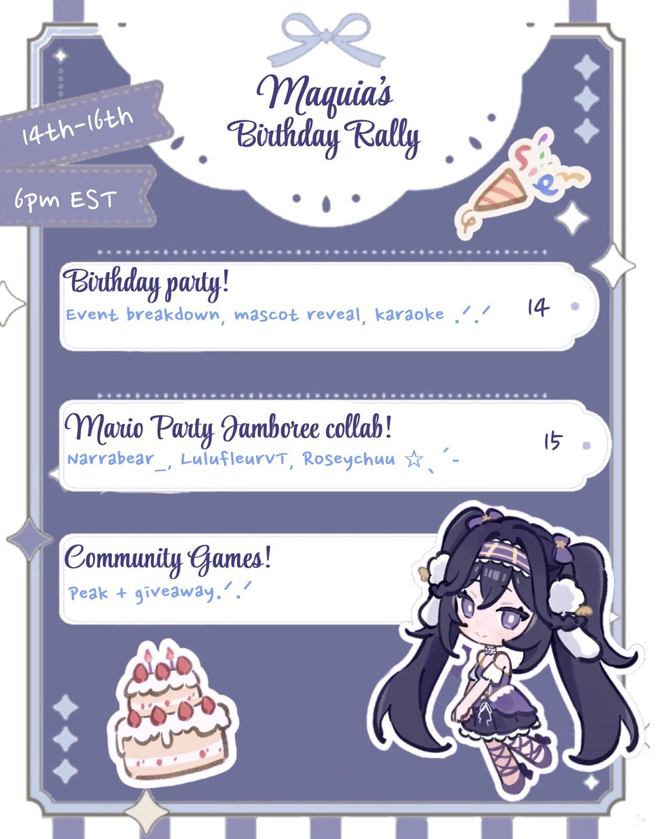 MaquiaVT's tweet image. ┊　　┊　　┊　　┊
┊　　┊　　┊　　୨୧
┊　　┊　　☆
┊　　୨୧
☆

ʏᴏᴜ'ʀᴇ ɪɴᴠɪᴛᴇᴅ! ₊˚✧

Please accept this invitation to 𝑴𝒂𝒒𝒖𝒊𝒂'𝒔 𝑩𝒊𝒓𝒕𝒉𝒅𝒂𝒚 𝑹𝒂𝒍𝒍𝒚! A 3 day long event to celebrate Maquia's birthday and earn prizes! 

See thread below

#MaquiaRally