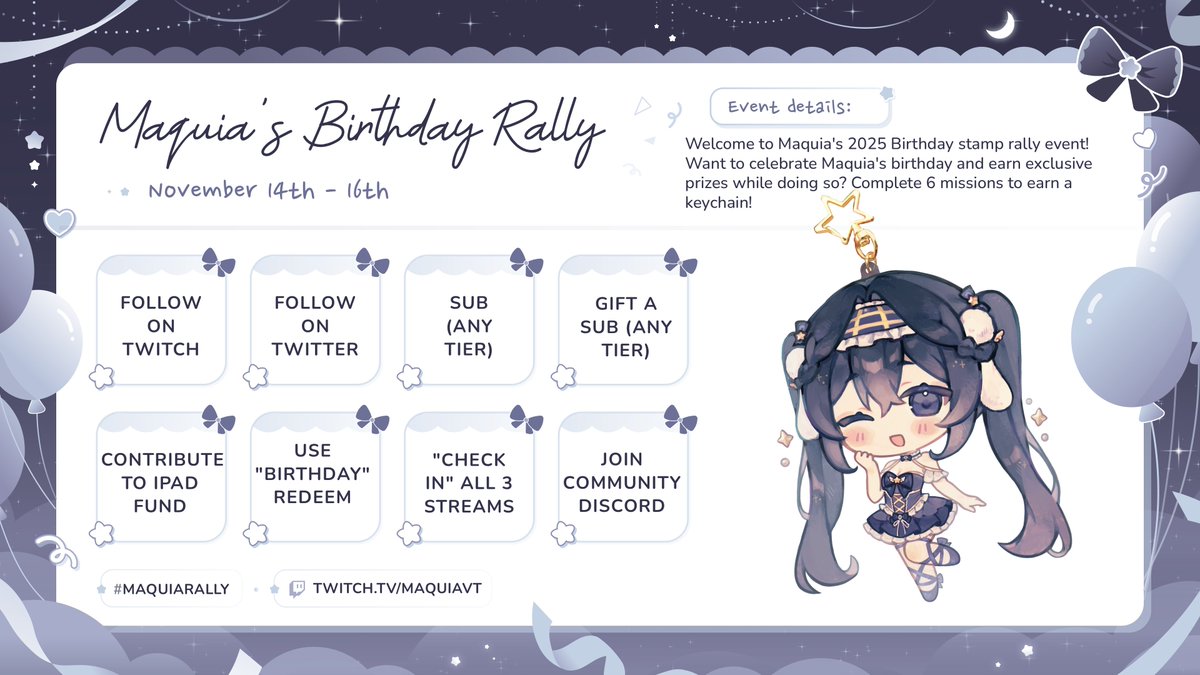 MaquiaVT's tweet image. ┊　　┊　　┊　　┊
┊　　┊　　┊　　୨୧
┊　　┊　　☆
┊　　୨୧
☆

ʏᴏᴜ'ʀᴇ ɪɴᴠɪᴛᴇᴅ! ₊˚✧

Please accept this invitation to 𝑴𝒂𝒒𝒖𝒊𝒂'𝒔 𝑩𝒊𝒓𝒕𝒉𝒅𝒂𝒚 𝑹𝒂𝒍𝒍𝒚! A 3 day long event to celebrate Maquia's birthday and earn prizes! 

See thread below

#MaquiaRally
