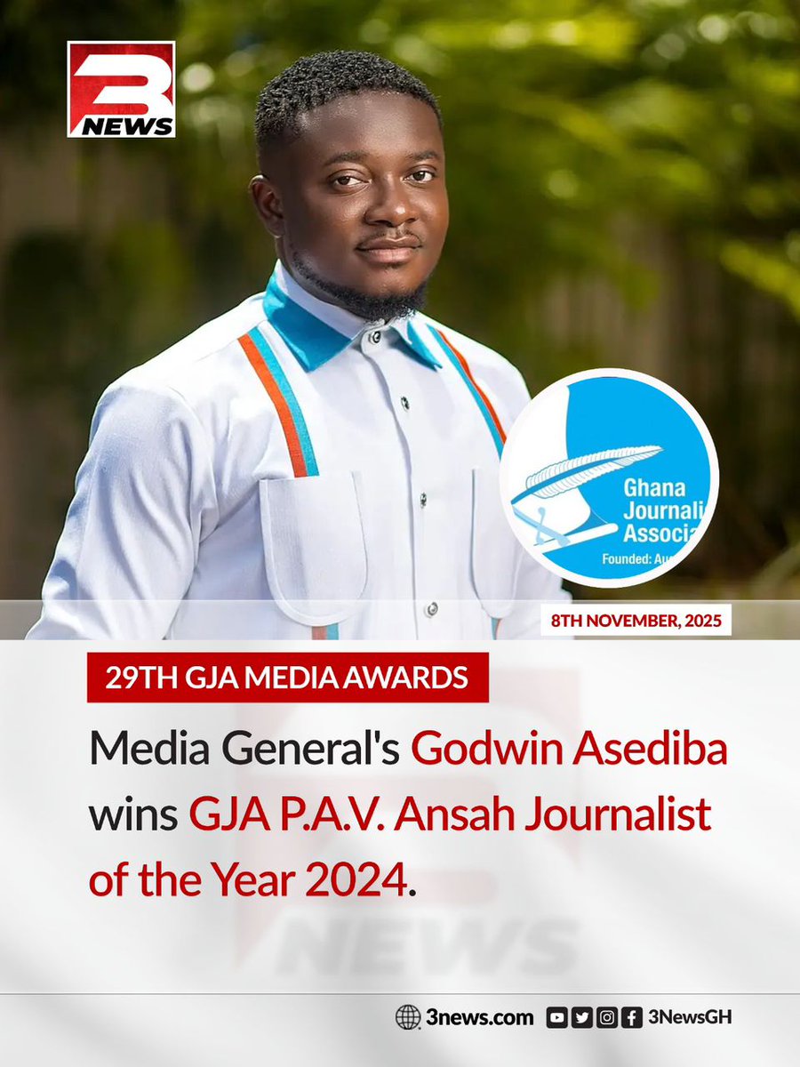 Congratulations to Media General’s Godwin Asediba, winner of the GJA P.A.V. Ansah Journalist of the Year 2024 at the 29th GJA Media Awards! 

A truly well-deserved recognition of his excellence, dedication, and impactful storytelling in journalism.