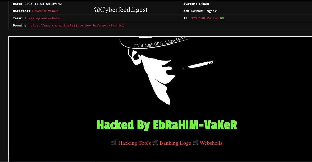 cyberfeeddigest's tweet image. ⚠️ Government Site #Defaced — #LegionLeakers Claims Credit ⚠️

A governmental website of #Brazil #Hacked by
Notifier: EbRaHiM-VaKeR
Team: LegionLeakers
Domain: www[.]cmunicipalsjj[.]ce[.]gov[.]br/anexo/Ir[.]html
Defacement confirmed — authorities should investigate immediately.