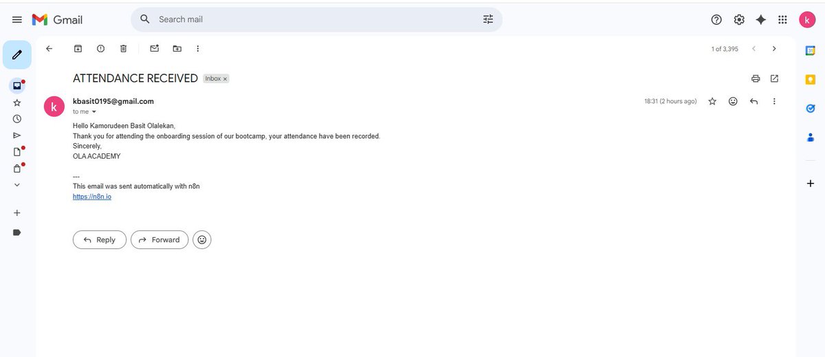 kbasit0195's tweet image. My first AI Automation project using n8n was a big milestone. I created a workflow that collects attendance details from a form, stores them in Google Sheets, and sends confirmation emails automatically.
It took me some time to understand the process, but it was a proud moment.