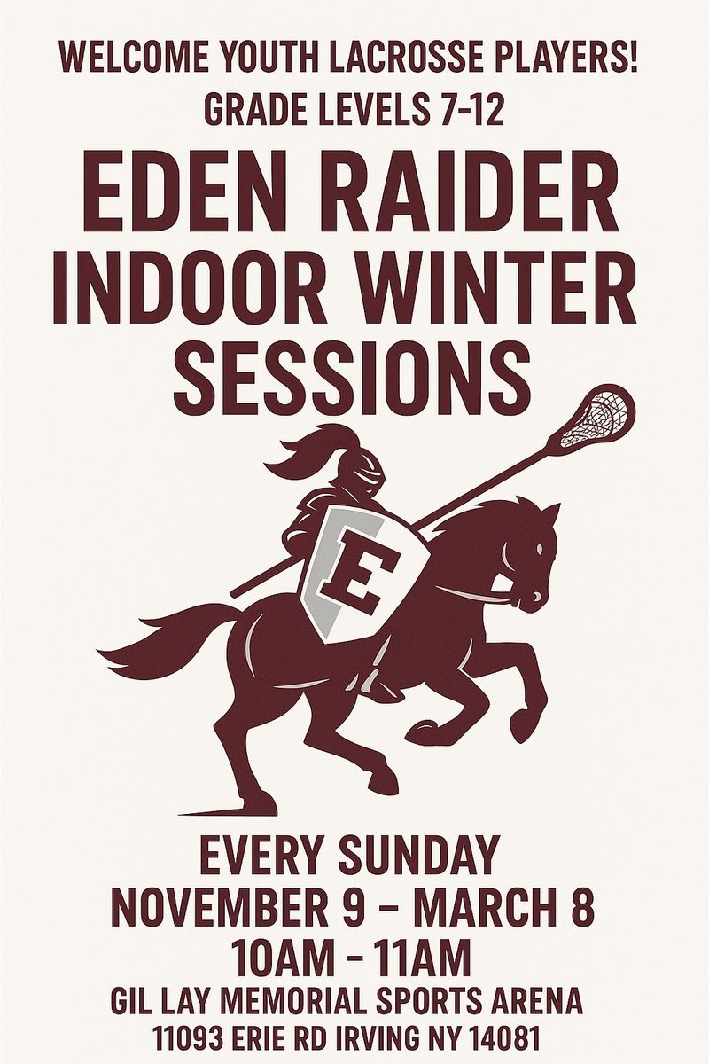 🚨 <a href="/EdencsdRaiders/">EdenAthletics</a> families. Here's a great opportunity for all 7th–12th graders to keep their game going this winter! 🥍 Join us every Sunday, Nov 9–March 8, for fun, skill-building lacrosse sessions. <a href="/EdenCSD/">Eden Central Schools</a> <a href="/EdenASBC/">Eden ASBC</a>