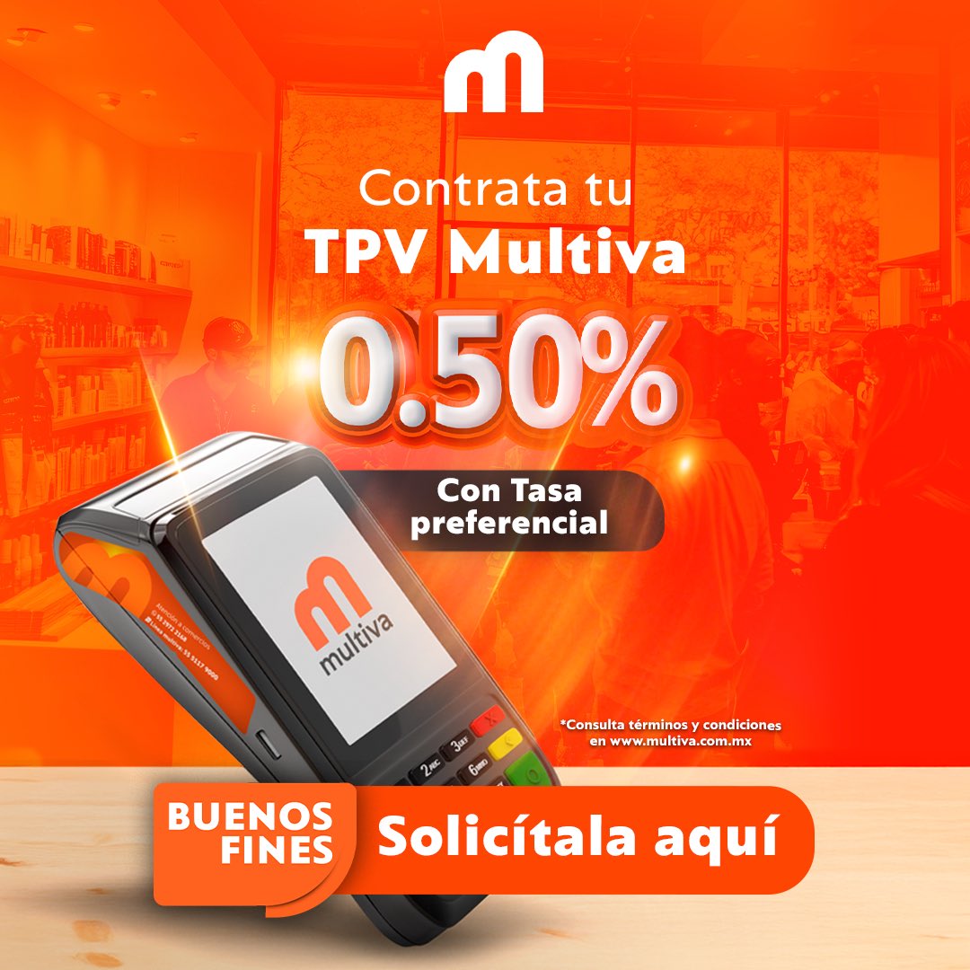 Solicita tu TPV Multiva durante Noviembre y obtén una tasa preferencial del 0.50%, que puedes mantener hasta el 31 de diciembre.
Solicítala ahora y aprovecha esta promoción por tiempo limitado.

Multiva. Imagínate.
#BuenosFinesMultiva #TPVMultiva #Imagínate