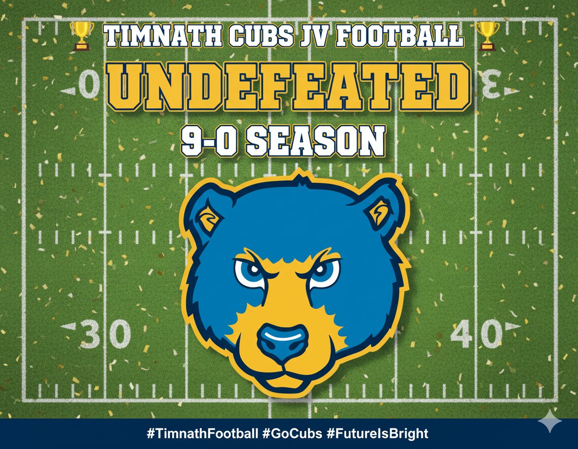 TimnathFootball's tweet image. 🏈🎉 UNDEFEATED! 🎉🏈
Congrats to the Timnath JV Football Team on a PERFECT season! They finished with a 9-0 record!
What a display of teamwork, dedication, and skill all season long. Every player and coach should be proud.
#TimnathFootball #GoCubsGo  #Undefeated #9and0