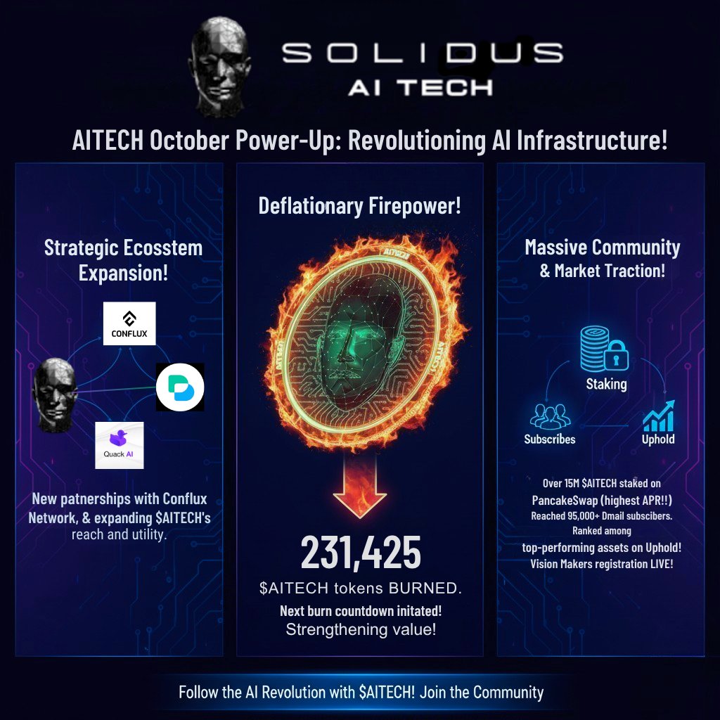 everyoung1991's tweet photo. 1/
Solidus Ai Tech isn’t just following the decentralized trend, instead it’s powering it.
October showed serious progress across the board.

WALK WITH ME as we look at the key highlights 👇

#AITECH #SolidusAiTech
@AITECHio https://t.co/nDHq8u83vb