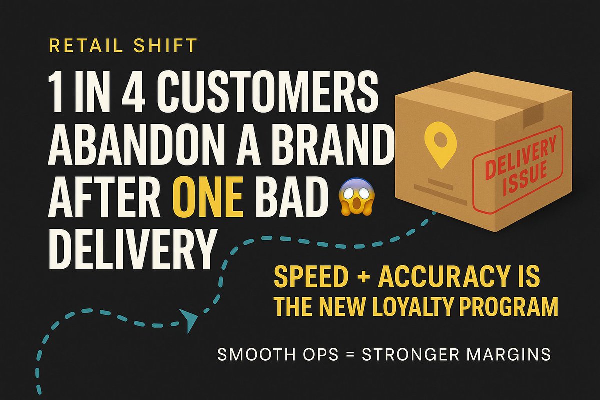 talk2cc's tweet image. Retail shift:
1 in 4 customers will abandon a brand after ONE bad delivery experience 😳
Speed + accuracy is the new loyalty program.
Great insight here. &amp;gt; na2.hubs.ly/H01-vCY0
Smooth ops = stronger margins.
#completecontroller #retailecomm