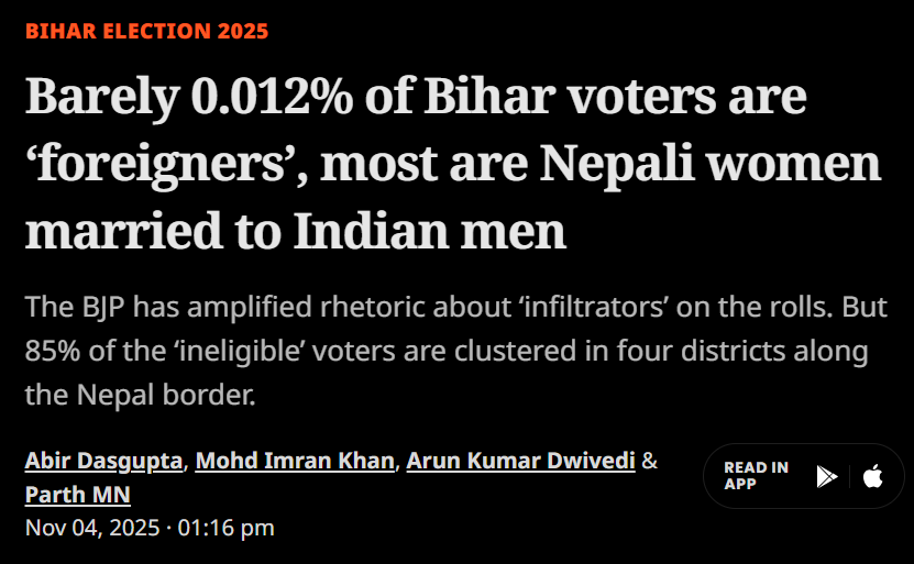 Amit Shah promised "ghuspethiya-free" India at a rally in Supaul. 

The most foreigners the SIR found were in Supaul - about 3500. Under 9500 were found in the state. Many Nepali women (not illegal immigrants) married to Indians. No Bangladeshis. 

Read: bit.ly/3JM4avn