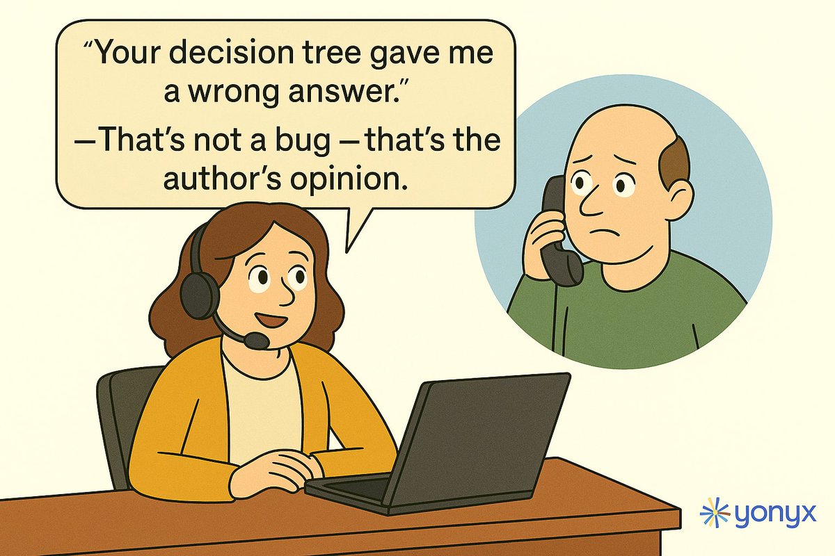 yonyxtweets's tweet image. Customer: “AI suggested I apologize to my printer.”
Agent: “Our decision tree suggests checking the paper tray.”
#DecisionTree #CX #HelpdeskHumor #Yonyx