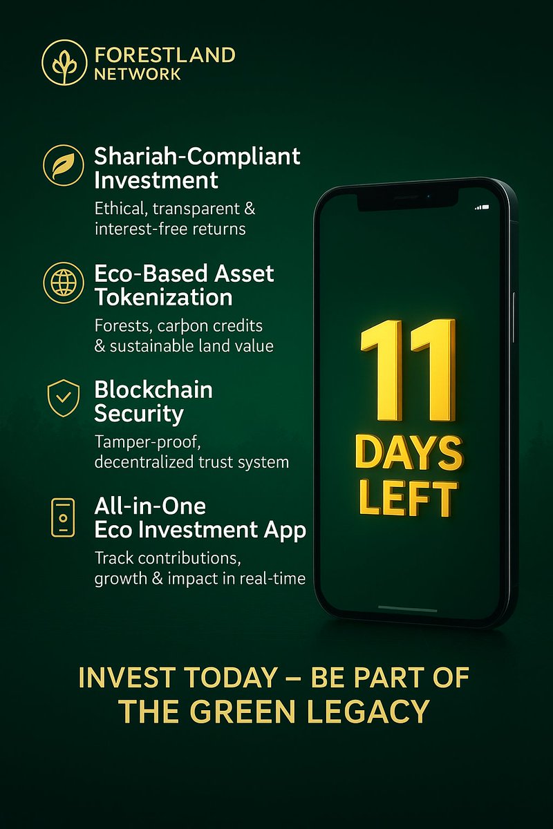 Shazizi11's tweet photo. With only 11 days left, this is your moment to invest in something that truly matters โ for your future and for the planet. ๐
https://t.co/s3hJzIphpt
#ForestLandNetwork #GLNsGlobal #SidraChain #EcoInvestment #SustainableGrowth #SmartInvestment #ImpactInvesting #Reforestation https://t.co/k4DjqiT7r9