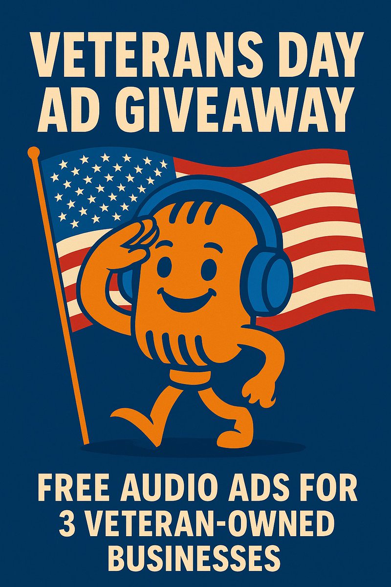 AudioAdsToGo's tweet image. 🎖 Veterans Day Ad Giveaway

To those who served: We salute you.

This Veterans Day, Audio Ads To Go is giving back the best way we know how - through the power of sound.

We’re giving 3 Veteran-owned businesses a FREE professionally produced audio ad to help amplify their brand…