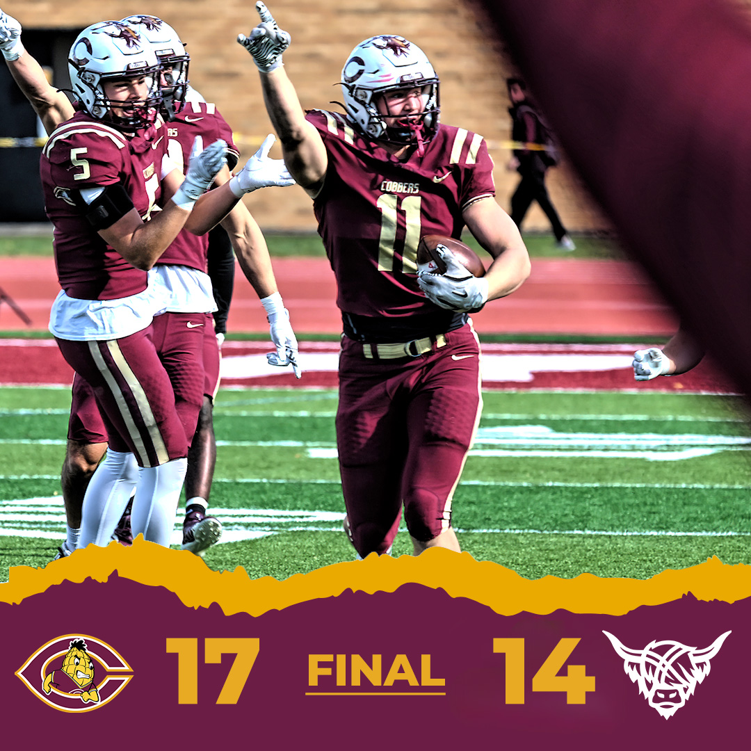 𝗖𝗢𝗕𝗕𝗦 𝗪𝗜𝗡! 𝗖𝗢𝗕𝗕𝗦 𝗪𝗜𝗡!
Cobber football scores 14 unanswered pts. &amp; rallies to beat Macalester 17-14. 
- Kyle Mages⬇️ comes up with a HUGE interception on the CC 20-yd-line with 1:40 left to set up the winning TD. He finishes with a team-best 11 tackles
#RollCobbs🌽