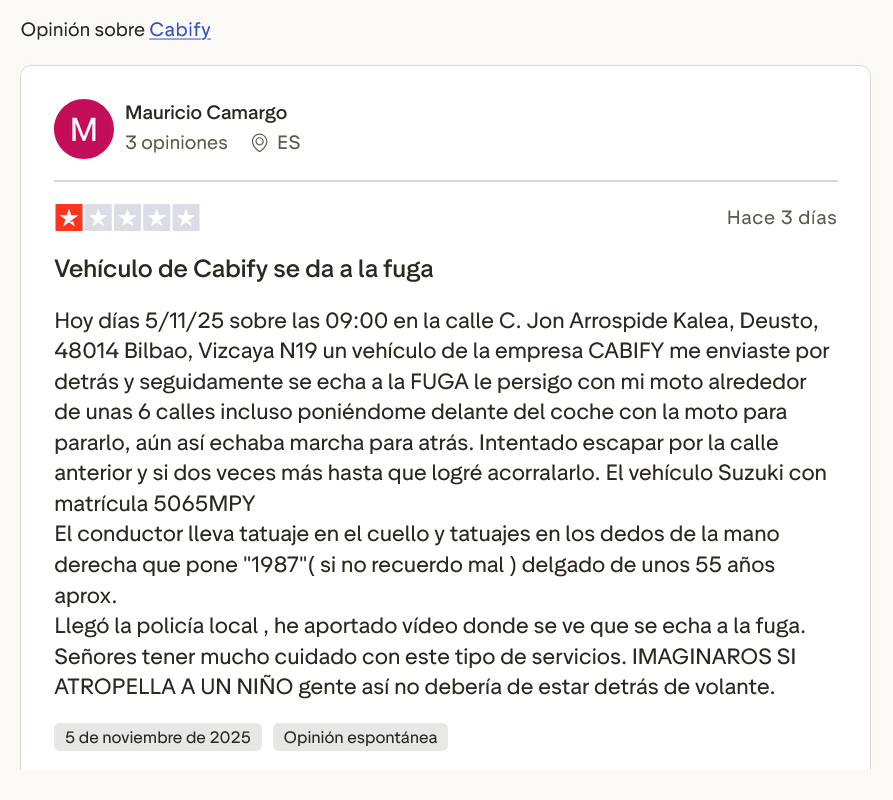 EnLuchaVTC's tweet image. ⚠️ No cuidan la selección de conductores de #VTC⛓️, por lo que también son responsables de los actos de sus conductores. 

«El conductor del #Cabify🏴‍☠️ me embiste por detrás y se da a la fuga. Lleva tatuajes en el cuello y tatuajes en los dedos de la mano derecha»