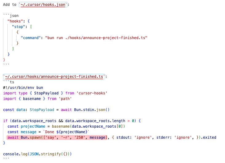 When multi Cursor-ing, the included "Completion sound" isn't enough.
Added hook with macOS `say` to mention the project name when the agent completes.