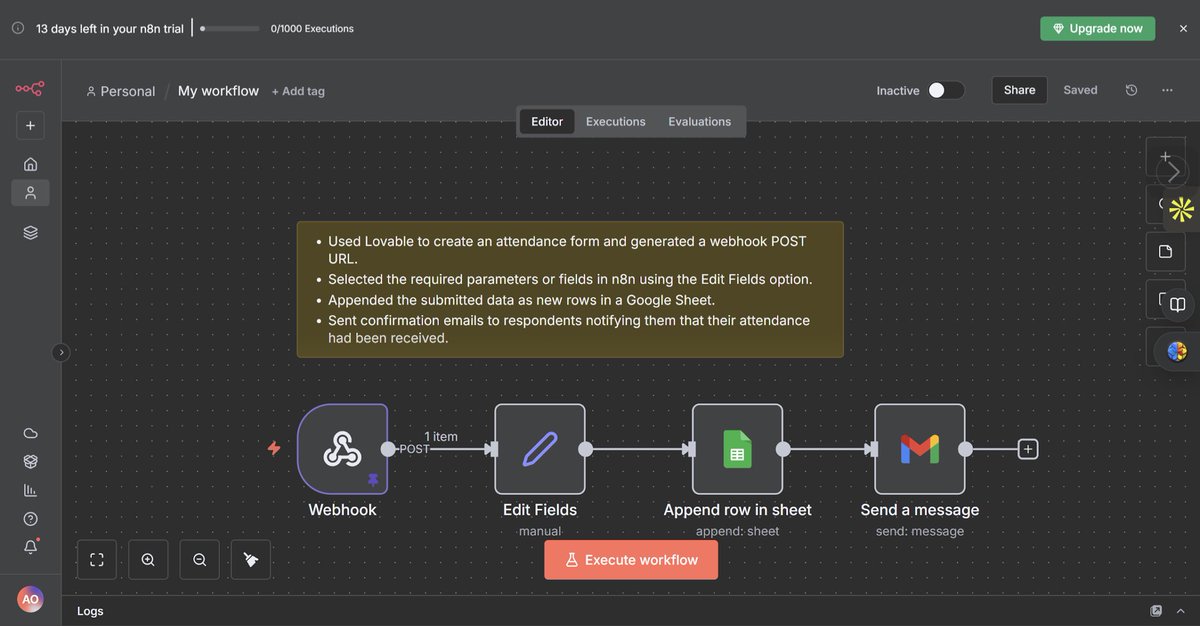 Olayinka_ags's tweet photo. 🚀 Hands-on progress in my AI Automation journey at Nex Academy! @AutomationKing0 @Tech_babby 
Just built a workflow using n8n + Lovable that:
✅ Captures attendance via a webhook
✅ Logs entries in Google Sheets
✅ Sends automatic confirmation emails

#AIAutomation #n8n #Al https://t.co/BKwRP8xZGz