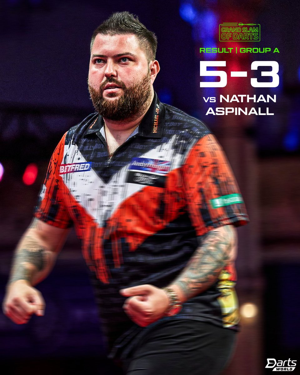🏆🎯| Grand Slam of Darts 2025 |🎯🏆
<a href="/MrVegas_Casino/">MrVegas</a>
Day One, Group A

🐍Nathan Aspinall 3
🐂Michael Smith 5

2022 Grand Slam Champion Smith takes advantage of a night to forget on the doubles for 'The Asp' and banks a confidence boosting win in Wolverhampton.

Powered by