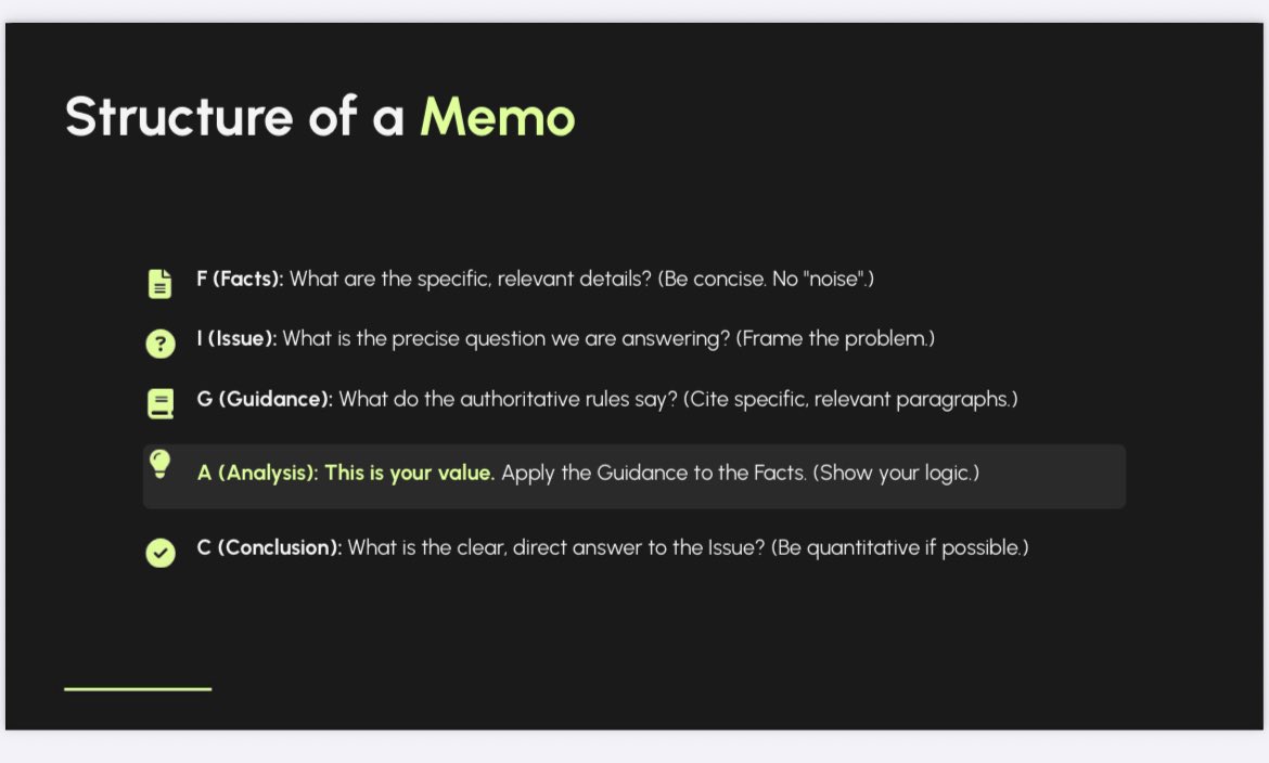 Week 2 of the Technical Accounting Mentorship.

The Toolkit: Research &amp; The "Bulletproof" Memo (IFRS Technical Accounting Research and Memo Writing &amp; Communication)

At the technical accounting mentorship session this evening, we examined the rudiments of accounting research and