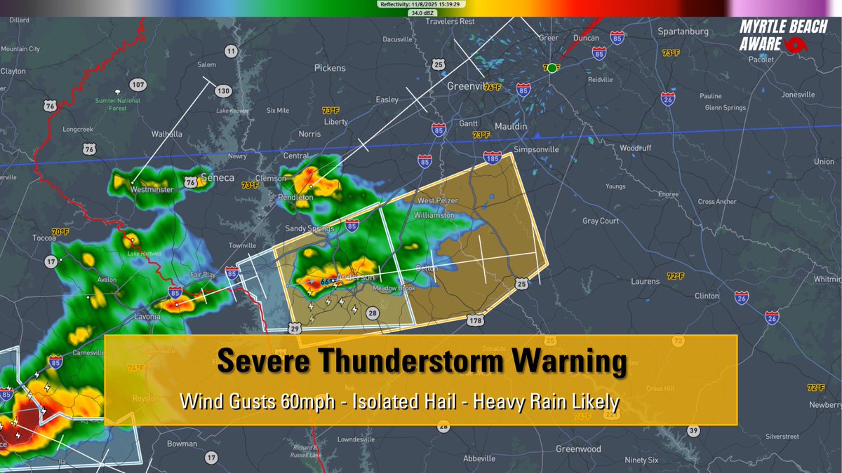 mbAwareWx's tweet image. At 339 PM EST, a severe thunderstorm was located 4 miles west of
  Anderson, or over Anderson Airport, moving east at 20 mph.

  HAZARD...60 mph wind gusts and quarter size hail.

  SOURCE...Radar indicated.