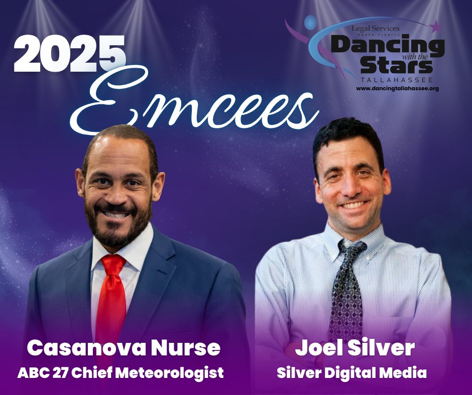 🌟 Meet your 2025 Dancing with the Stars Tallahassee emcees! 🎤 We’re thrilled to welcome <a href="/abc27/">ABC 27</a> News Meteorologist Casanova Nurse and Joel Silver of <a href="/SilverDigiMedia/">Silver Digital Media</a> to the stage! Get ready for a night full of fun, energy, and incredible performances 💫