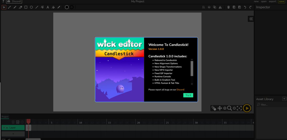 Fox_Uni_Kil's tweet photo. For anyone wanting to do 2D animation;
You know @WickEditor ? The open source browser JavaScript/HTML flash equivalent
There's a new fork called Candlestick, and the devs are currently working on making an offline version!
Also, they have a discord.
#OpenSource #opensourceproject https://t.co/2xkcNI9aJG
