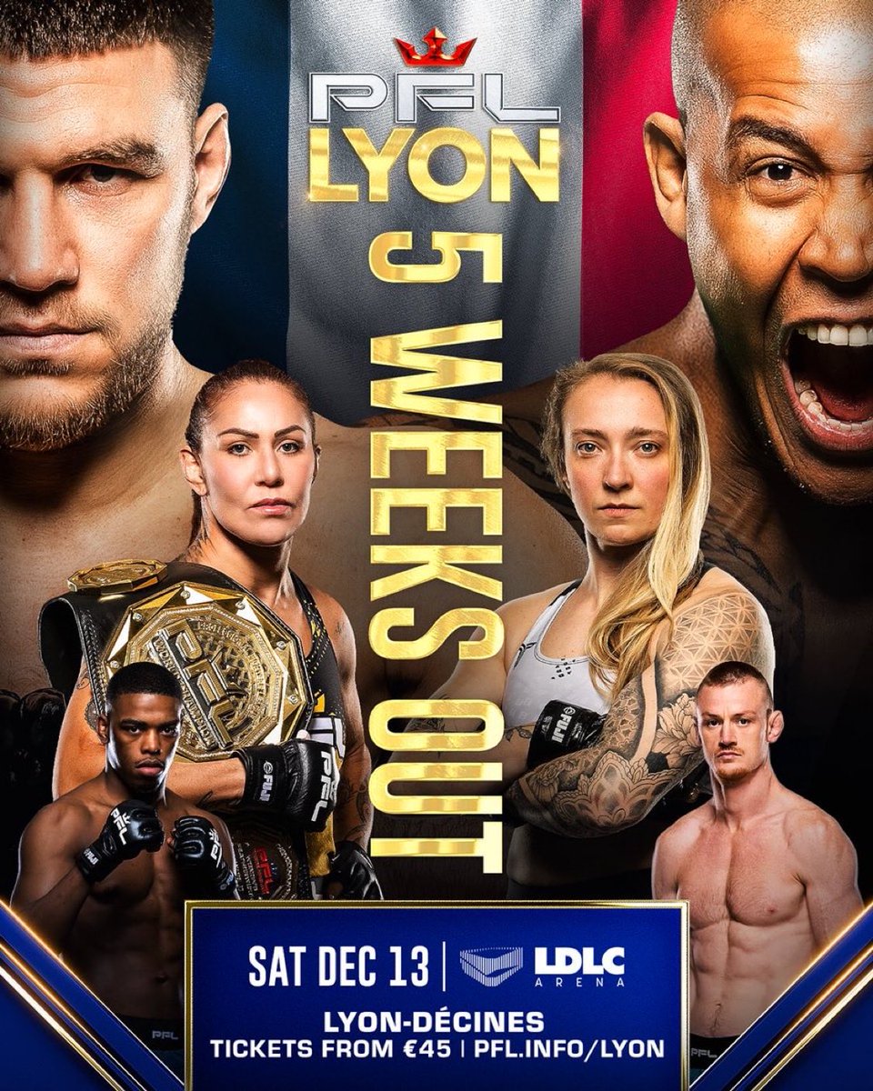 5 weeks from tonight - DEC 13 

I’ll be in Lyon would not miss both co-main championship belt events … 

Heavyweight:  2 top 10 world-ranked 

Women: best-ever before she retires  

⁦<a href="/PFLMMA/">PFL</a>⁩ #PFLMMA