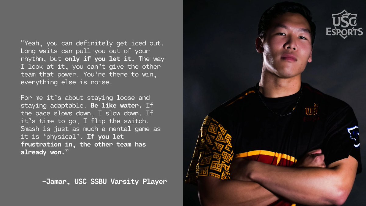 USC’s SSBU Player Jamar,
on dealing with being “iced out” from idle time between matches: 

#FIGHTON