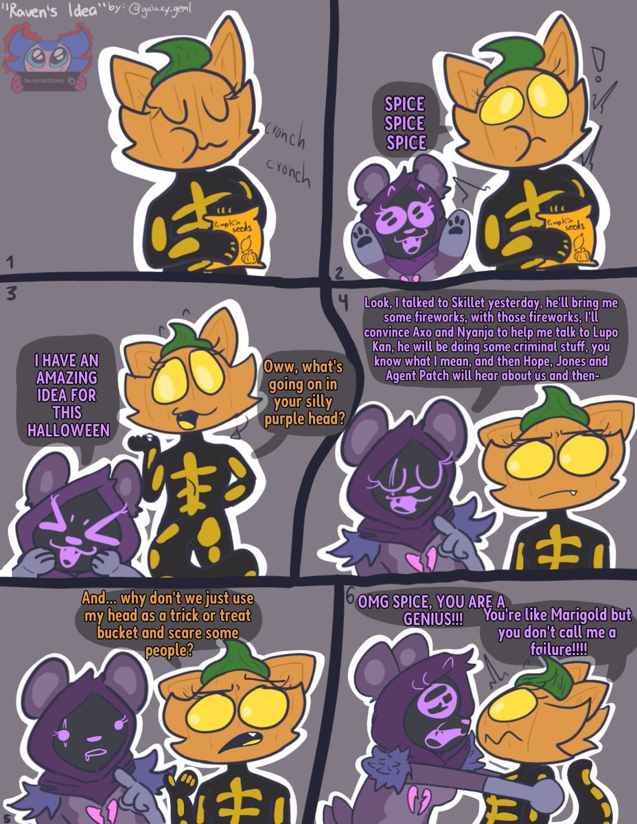 galaxy_geml's tweet image. FULL COMIC 
&quot;Raven&apos;s Idea&quot;🧸🎃💜🧡
Spice and Raven tries to think which idea would be be the best or a halloween day!

#Spice #FortniteArt
If you want to support me, use GALAXYGATOUWU on the item shop, thx 🧡