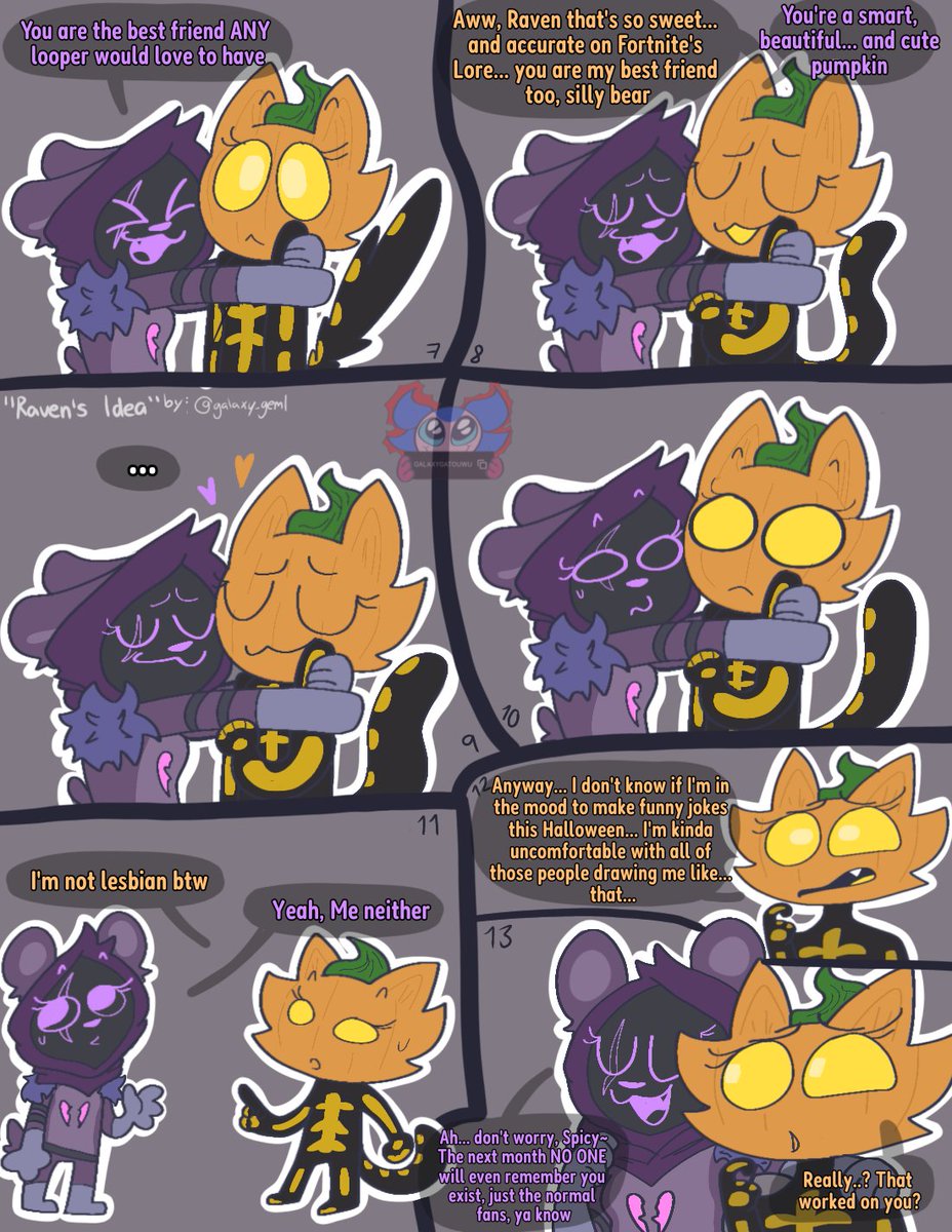 galaxy_geml's tweet image. FULL COMIC 
&quot;Raven&apos;s Idea&quot;🧸🎃💜🧡
Spice and Raven tries to think which idea would be be the best or a halloween day!

#Spice #FortniteArt
If you want to support me, use GALAXYGATOUWU on the item shop, thx 🧡