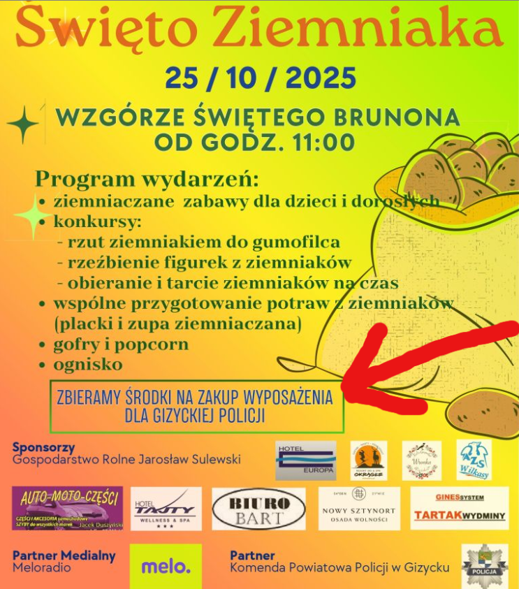 W Giżycku podczas święta Ziemniaka, zbierano pieniądze na wyposażenie dla giżyckiej komendy. Rozumiecie?

Oficjalny plakat urzędu miasta Giżycko.