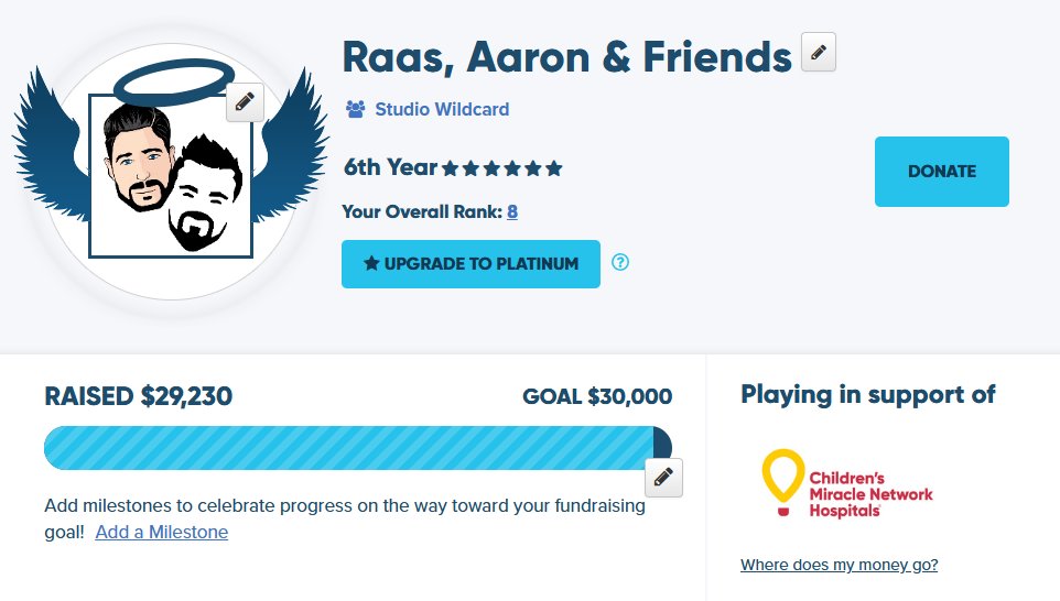 Raasclark's tweet image. Almost THIRTY THOUSAND raised for #ExtraLife 🥳

Absolutely floored by the contributions over the last 24hrs. A HUGE thank you to you all and everyone that helped to make this happen.

Pushed us to #8 on the overall leaderboard! Phenomenal... 

Now approved, if we hit 30K, I'll…